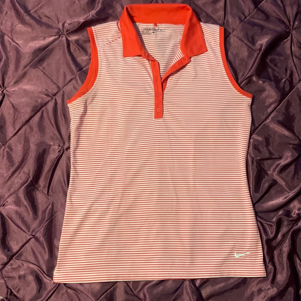 NWOT Nike Golf Dri-Fit Sleeveless Collared Top Sz Medium, Orange & White Stripes